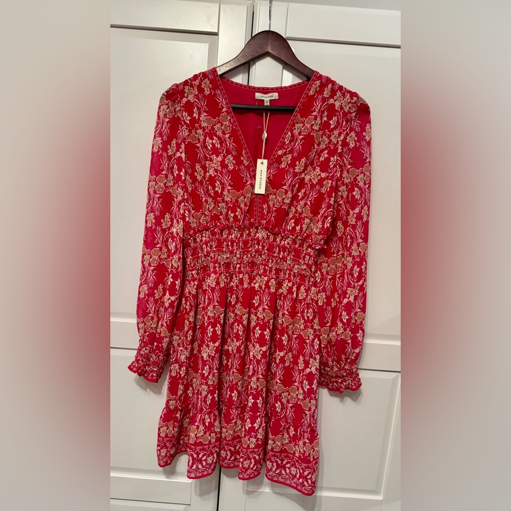 Max Studio Crimson Floral‎ V-Neck Dress with Bishop Sleeves NWT SIZE : M